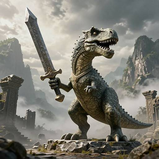 CGI fantasy scene of a muscular, stone-textured, dinosaur-like creature holding a large, ornate sword, standing on rocky ruins with misty