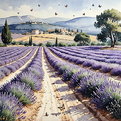 Detailed Watercolor Lavender Fields in Provence