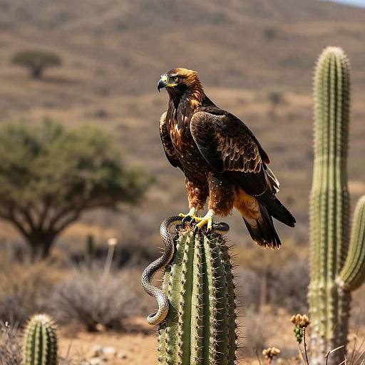 Eagle Perched on Cactus with Snake