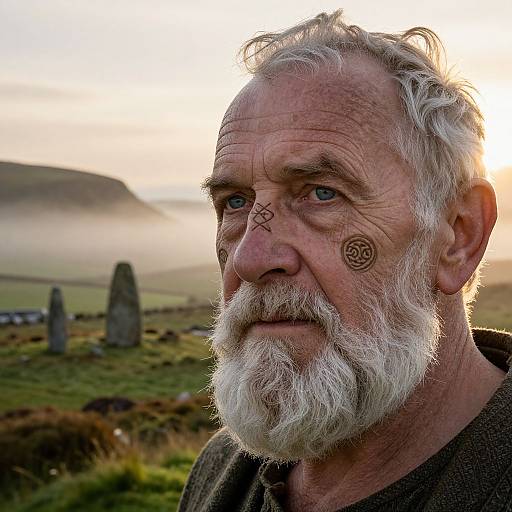 Photograph of an elderly white man with white beard, Celtic nose rings, blue eyes, and sunlight behind him, standing in a misty, stone