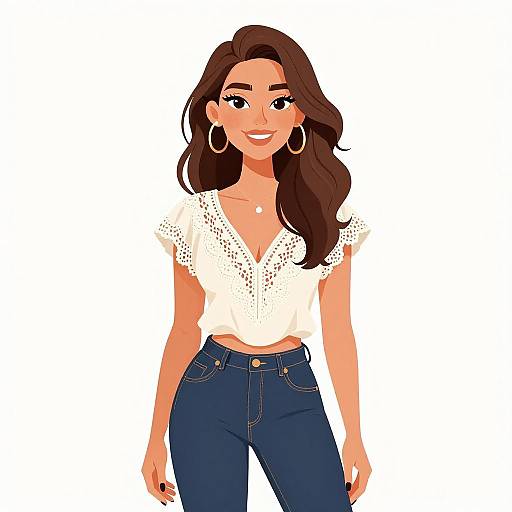 Digital illustration of a smiling woman with long brown hair, wearing a white lace blouse, blue jeans, and large hoop earrings.
