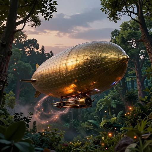 Photorealistic digital illustration of a golden, vintage airship with intricate patterns, flying through a dense, vibrant jungle at sunset, surrounded by glowing fire
