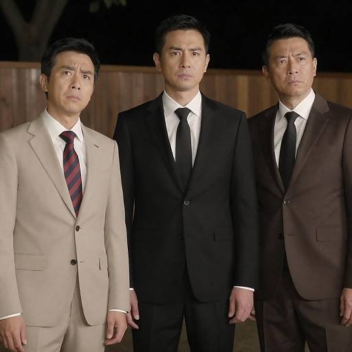 Three Men in Formal Suits Standing Outdoors at Night