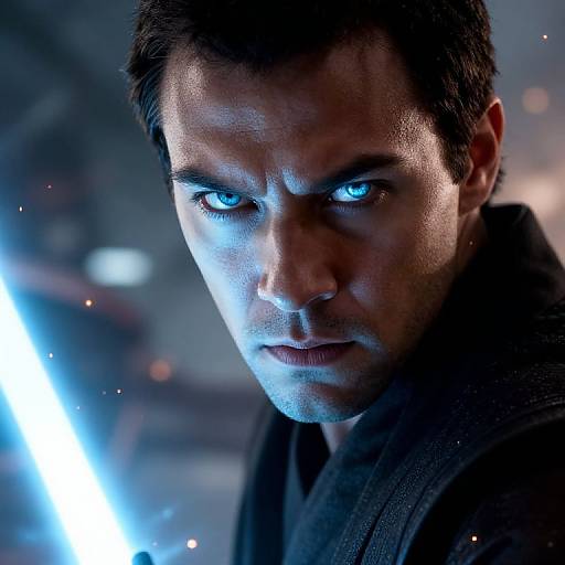 Close-up photograph of a serious, blue-eyed man with short dark hair, wearing a dark robe, illuminated by intense blue light.