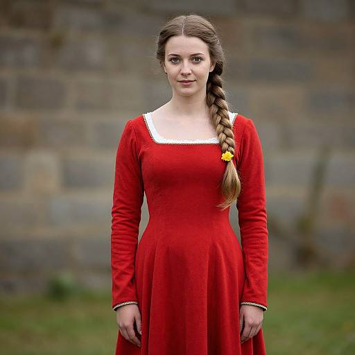 Photograph of a young woman with long brown braid, wearing a red dress with white trim, standing in front of a stone wall.