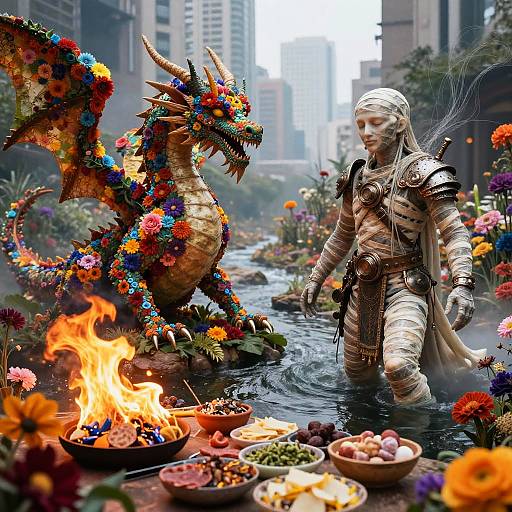 Photorealistic CGI: Armored, bandaged warrior wading through flower-adorned, fire-lit urban stream, standing beside vibrant, dragon