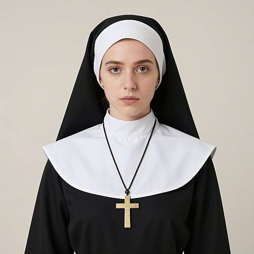 Photograph of a young Caucasian woman with light skin, blue eyes, and straight brown hair, wearing a black and white nun's habit with a gold
