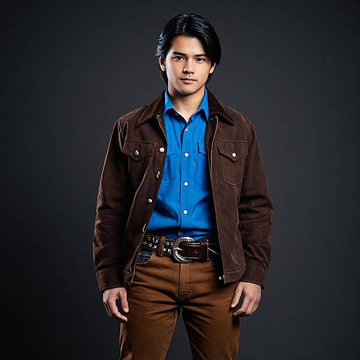Young Man in Brown Jacket and Blue Shirt