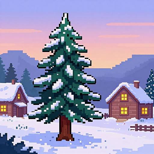 Pixel art of a snowy village at sunset, featuring a snow-covered pine tree between two wooden houses with yellow lit windows.