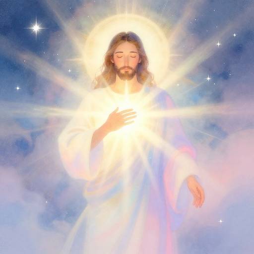 Digital illustration of Jesus with glowing halo, long brown hair, and beard, standing amidst radiant light and clouds, with stars in the blue sky background.