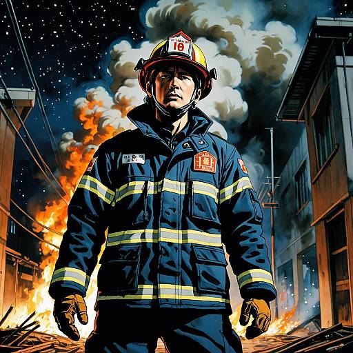 Brave Firefighter in a Burning Building