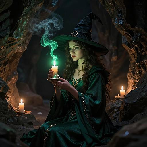 Young Witch with Glowing Green Candle in Cave