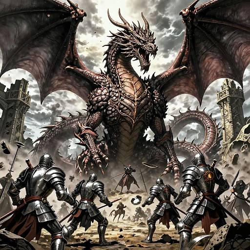 Digital fantasy artwork: Armored knights clash with a massive, red-scaled dragon beneath a stormy sky, surrounded by crumbling castle ruins.