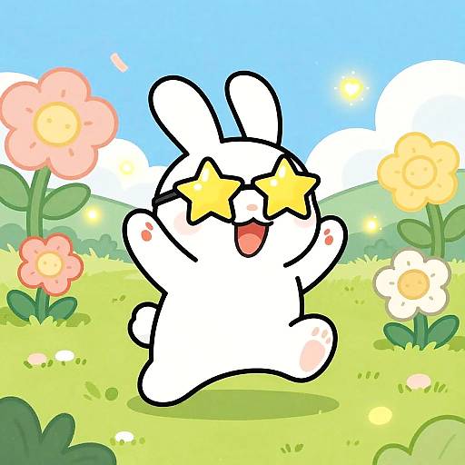 Cute cartoon white bunny with yellow star eyes, smiling, standing in a vibrant, sunny meadow with colorful flowers and blue sky.