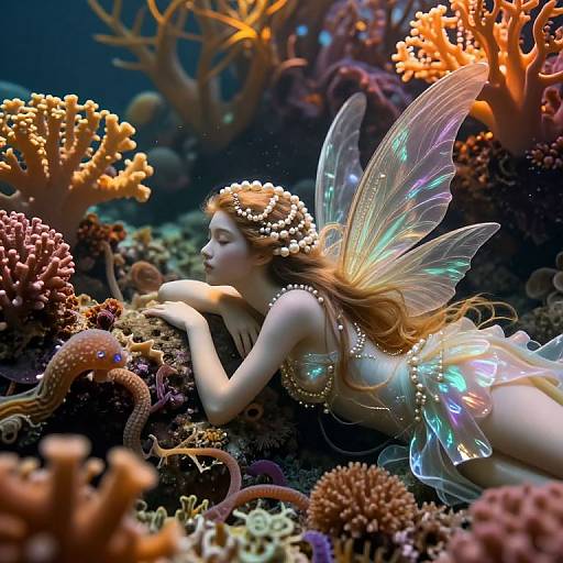 Digital art: Mermaid with iridescent wings and pearl headpiece, lying on colorful coral reef, surrounded by glowing sea creatures.