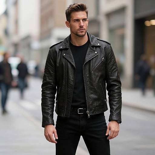 Photograph of a handsome, bearded man with short brown hair, wearing a black leather jacket and black shirt, standing confidently on a blurred urban street