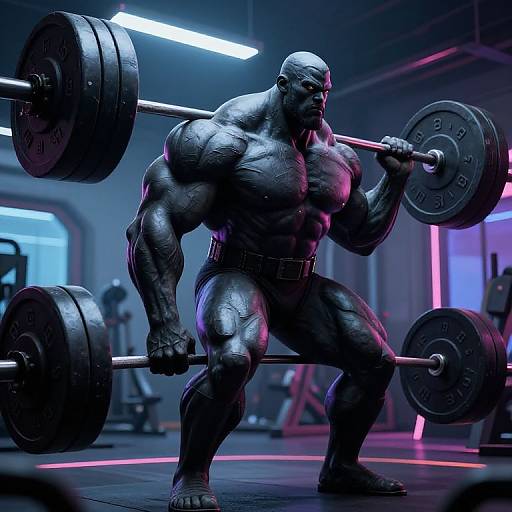 Digital CGI of a muscular, bald, black man in a gym, squatting with a heavy barbell, illuminated by blue and pink lights.