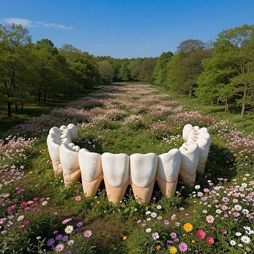Photograph of a white ceramic sheep sculpture formation standing in a vibrant, multicolored wildflower meadow with lush green trees under a clear blue sky