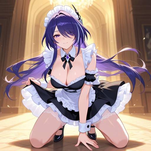 Elegant Purple-Haired Maid Under Celestial Sky