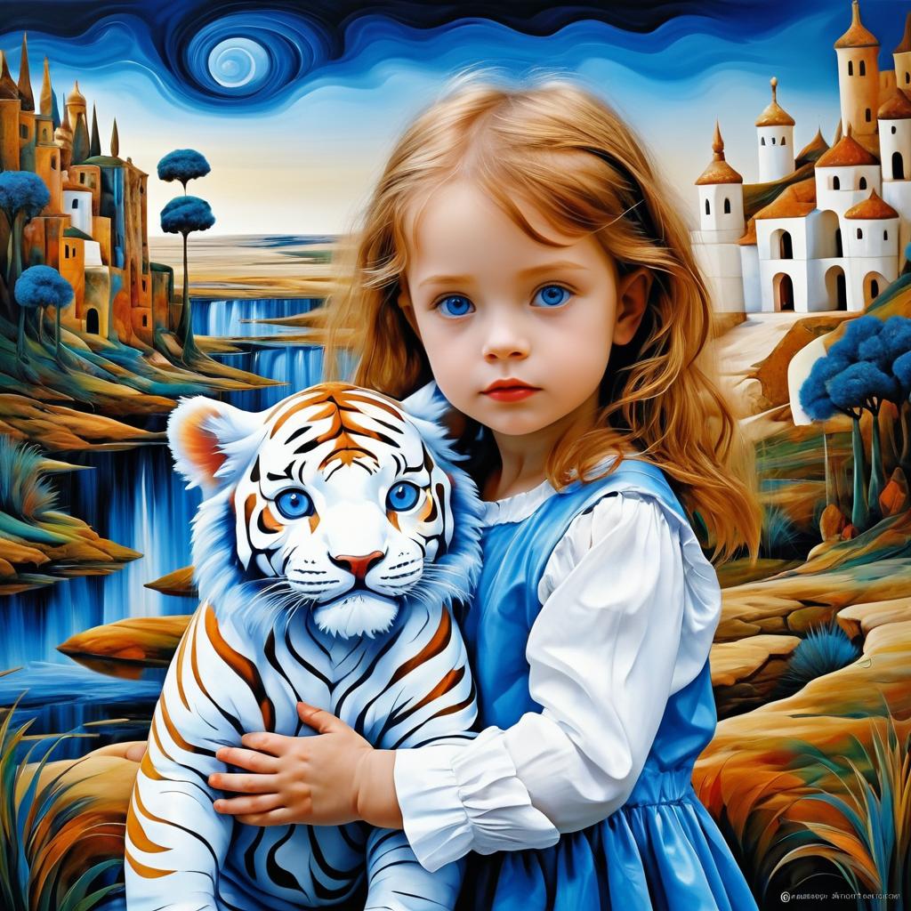 Dreamlike Child with Albino Tiger