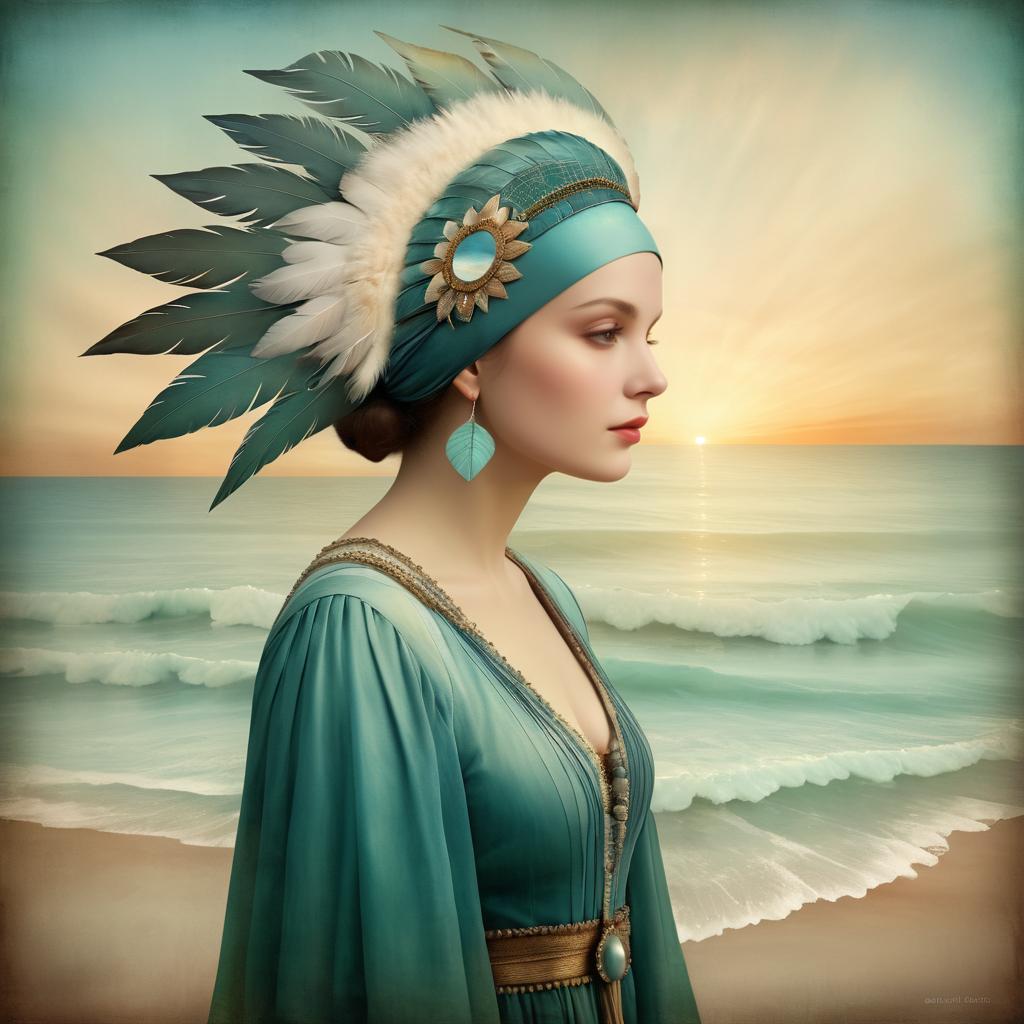 Surreal Sunset Beauty with Feathered Headdress