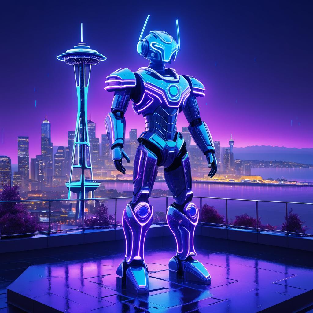 Futuristic Neon Robot Statue in Seattle