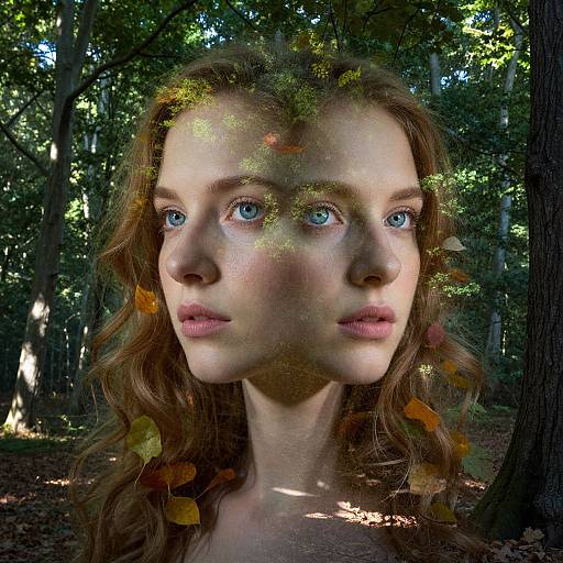 Photograph of a young woman with blue eyes, wavy brown hair, and fair skin, standing in a forest. Leaves are superimposed on