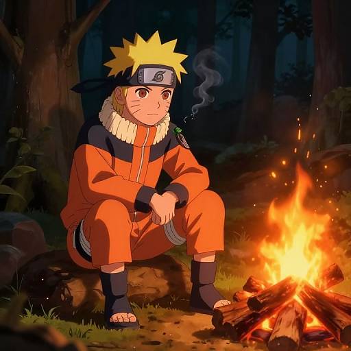 Anime-style drawing of Naruto, a blonde-haired ninja with orange outfit, black headband, and whiskers, squatting by a bright campfire in