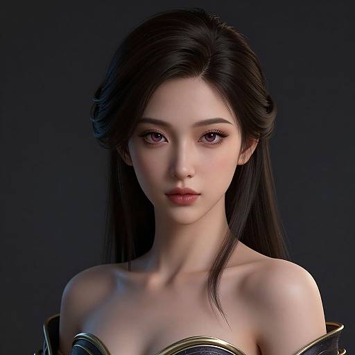 CGI portrait of a beautiful Asian woman with long black hair, pale skin, and purple eyes, wearing a strapless, metallic top against a dark