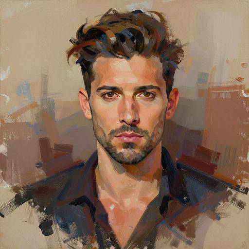 Digital painting of a handsome, brown-haired man with stubble, intense brown eyes, and a serious expression, wearing a black shirt, against a textured