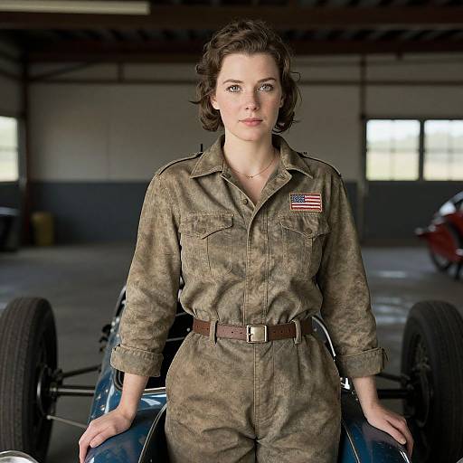 Photograph of a young white woman with short, wavy brown hair, wearing a green camouflage jumpsuit with American flag patch, standing in an industrial