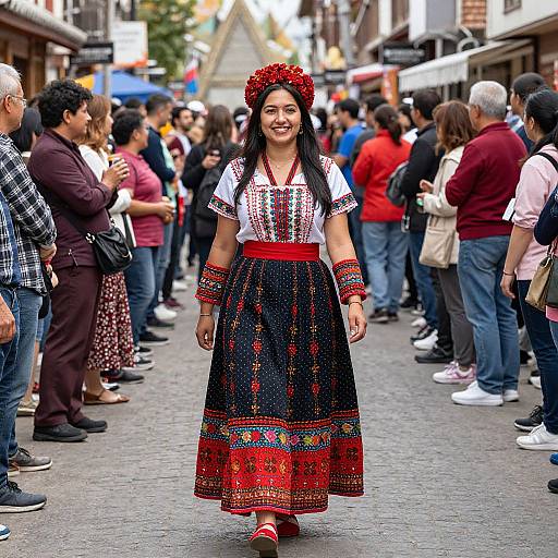 Photograph of a smiling woman in traditional Mexican dress, black skirt with red and white embroidery, white blouse, red headband, standing in a crowded