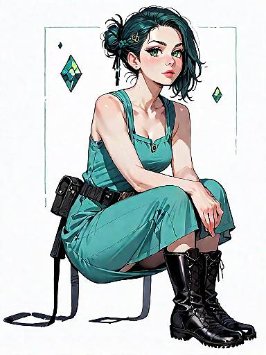 Woman in Emerald Green Dress with Combat Boots