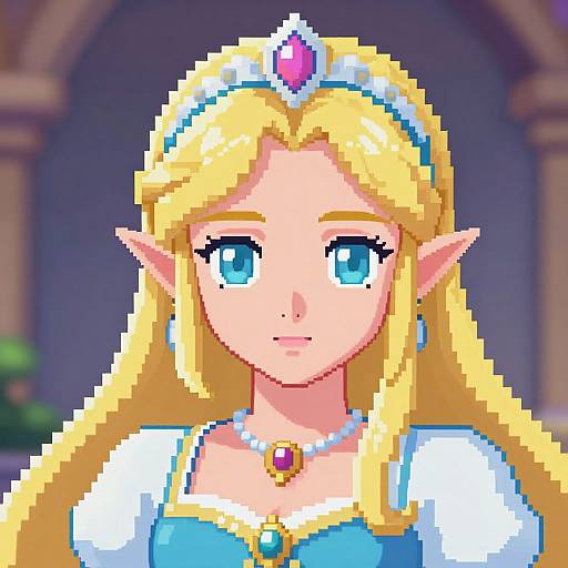 Pixel art of a blonde, blue-eyed elven princess with a pink gem tiara, blue dress, and matching jewels, set in a medieval-style