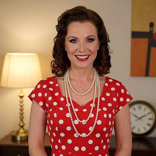 Photograph of a smiling woman with curled brown hair, wearing a red polka dot dress, pearl necklaces, and red lipstick, standing in a