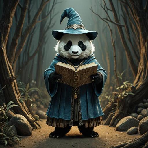 Small Wizard Panda Reading Book in Mystical Forest