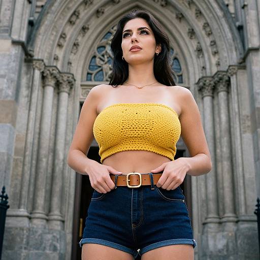 Photograph of a confident woman with long dark hair, wearing a yellow crocheted tube top and high-waisted denim shorts, standing in front