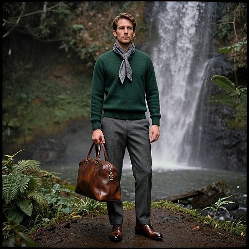 Photograph of a handsome man in dark green sweater, gray pants, brown leather shoes, holding a brown leather bag, standing in front of a waterfall