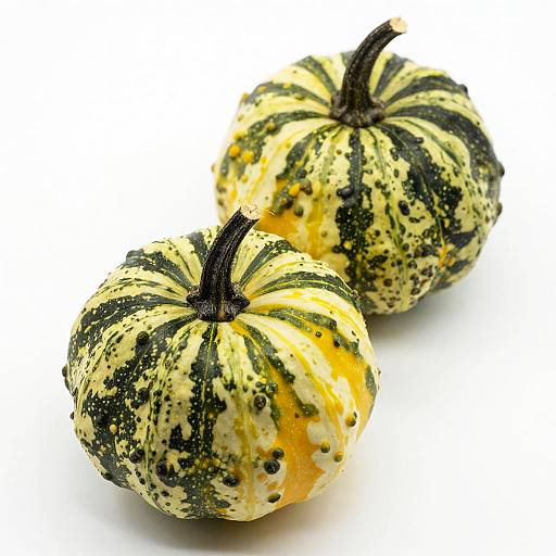 Photograph of three small, spiky, yellow, and black-speckled pumpkins with dark brown stems, arranged in a diagonal line on a