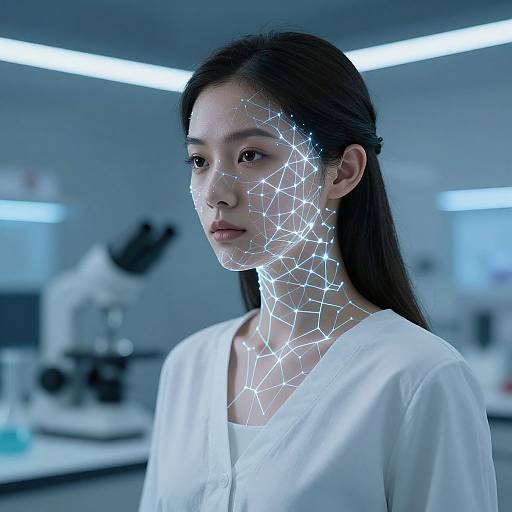 Photograph of an East Asian woman with long black hair, wearing a white blouse, with a glowing, pixelated light pattern on her face in a