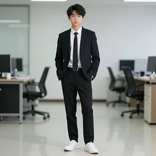 Photograph of an Asian man with messy black hair, wearing a black suit, white shirt, black tie, and white sneakers, standing in a modern