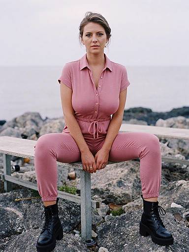 Photograph of a serious-looking woman with light skin and brown hair, seated on a wooden bench in a rocky outdoor setting. She wears a pink button