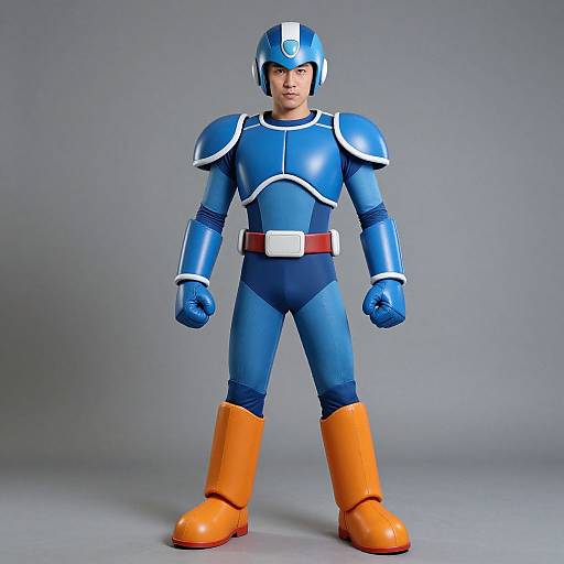 Photograph of a young Asian man in a colorful, cartoon-style, blue and orange superhero costume, standing confidently against a gray background.