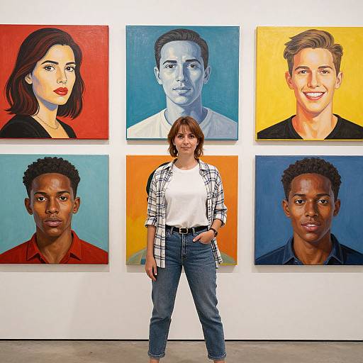 Photograph of a woman in a white shirt and plaid jacket standing between six vibrant, colorful portraits of diverse individuals.