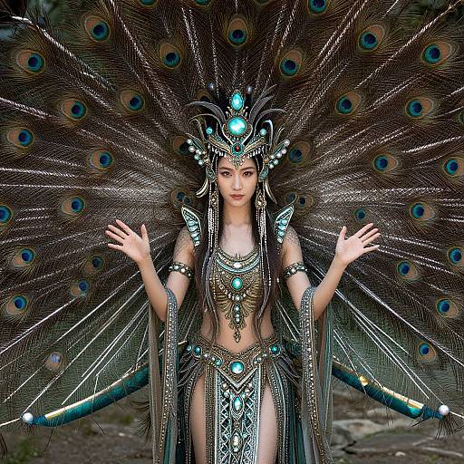 Photograph of an Asian woman with a large, peacock-feathered headdress, wearing intricate silver and turquoise jewelry, standing with arms outst