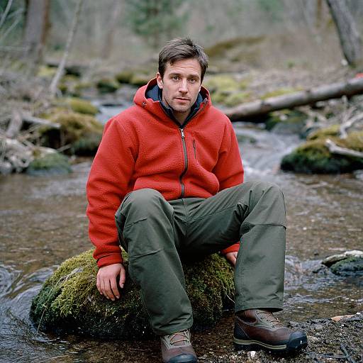 Photograph of a man with short brown hair, wearing a red fleece jacket, green pants, and brown boots, sitting on a moss-covered rock in
