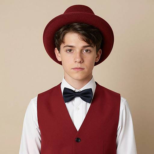 Young man with fair skin, dark brown hair, wearing a red vest, white shirt, black bow tie, and matching red hat, against a plain