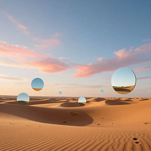Digital artwork of a desert with rippled sand dunes under a pink and blue sunset sky, featuring floating, reflective glass spheres.