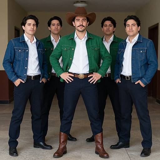 Photograph of five men standing in a hallway; central man with green jacket, brown boots, and cowboy hat, flanked by four in denim jackets
