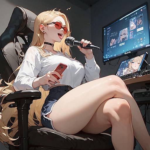 Anime Girl Singing with Microphone in Gaming Chair